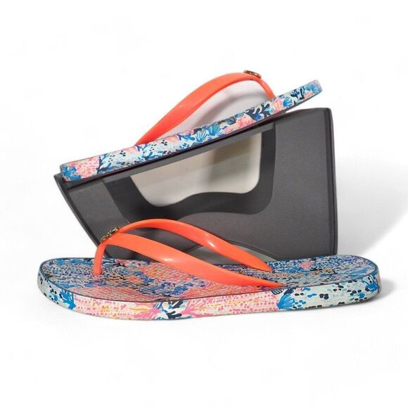 Lilly Pulitzer Thong Flip Flip Sandals Blue / Coral Women's 7-8 - Picture 1 of 9